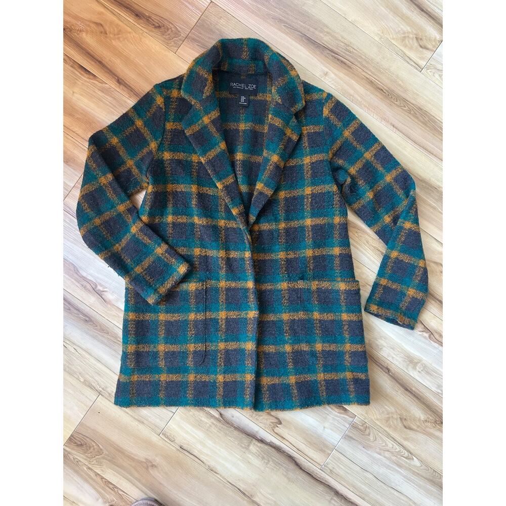 Rachel Zoe Green Plaid Wool Blend Jacket Size M Cozy Hidden Snaps with Pockets